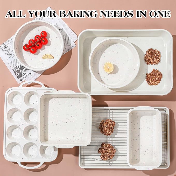 8 Pcs Baking Pans Set, Silicone Bakeware Sets with Metal Reinforced Frame, Nonstick Stackable Carbon Steel Non Toxic Baking Sets for Cooking (Cream)