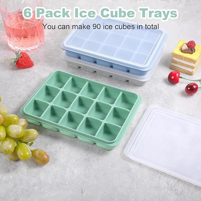 6-Pack Silicone Ice Cube Trays with Lids – Easy Release, Stackable Freezer Ice Molds for Whiskey, Cocktails, Food (Snow Gray, Bamboo Green, Dark Blue)