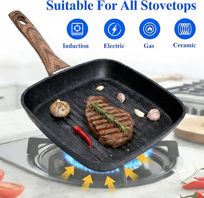 HealSmart 3 Pieces Nonstick Grill Pan Set, Square Cooking Skillets with Wooden Handles, PFOA-Free Multi-size Griddle Pans Fit All Stovetops, Indoor & Outdoor Cooking, 9.5",10.2",11", Black