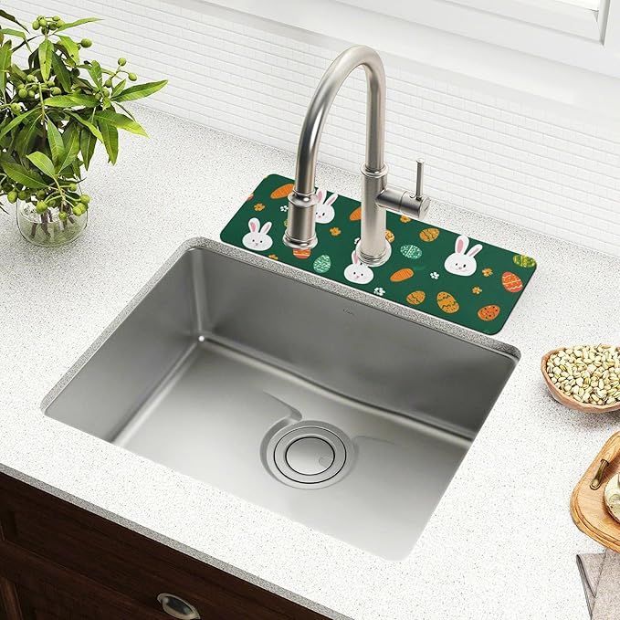 Kitchen Sink Splash Guard 2 PCS 30 Inch Sink Faucet Mat Splash Guard for Bathroom Countertop Water Absorbent Foldable Cuttable Soft Washable Deep Green Easter Rabbit Eggs Carrots