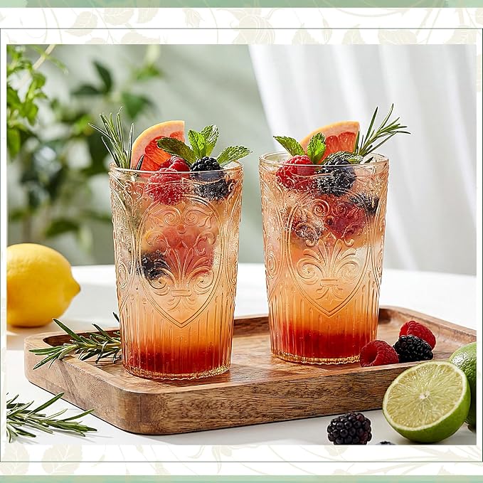 48 Pcs 16 oz Plastic Vintage Drinking Glasses Stemless Ribbed Highball Glasses Bulk Embossed Reusable Cup for Water Beer Cocktails Juice Wedding Bridal Shower Birthday Event Party (Amber)