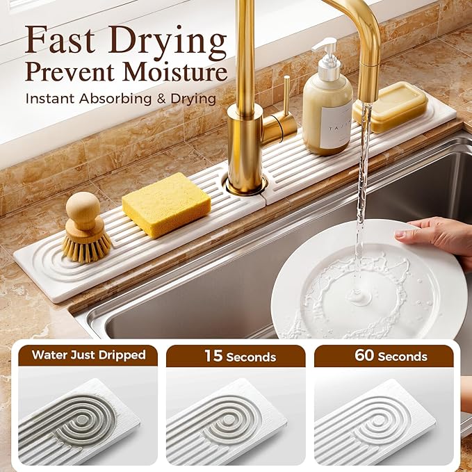 2 Pack Stone Faucet Mat for Kitchen Sink, Absorbing Drying Stone Mat Prevent Moisture, Sink Splash Guard Water,Natural Diatomite Stone Tray for Bathroom Counter 23.6*3.9inch (White+White)