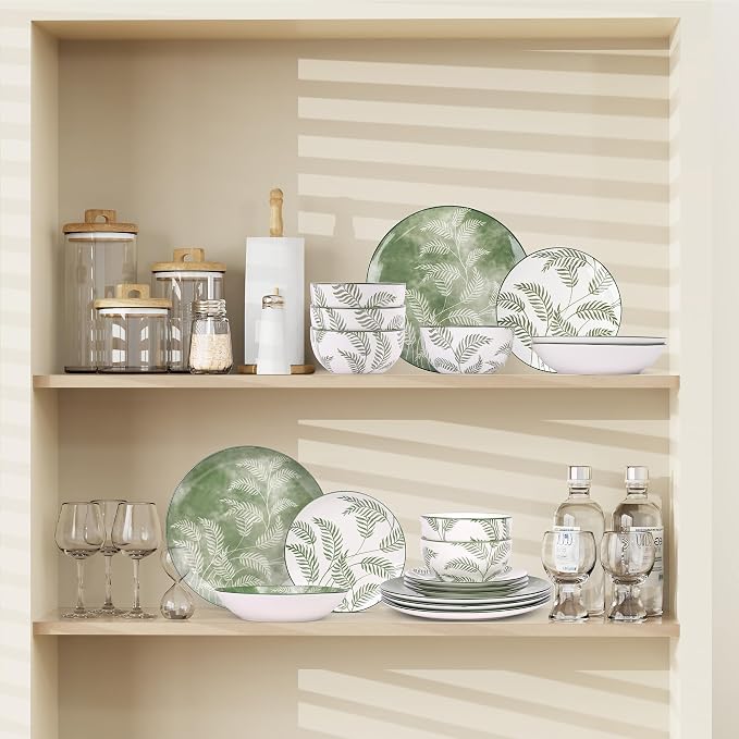Porcelain Lightweight Dinnerware Sets for 4, 16 Pieces Sage Green White Floral Ceramic Plates and Bowls Set, Summer Dish Set with Pasta Bowls, Microwave and Dishwasher Safe