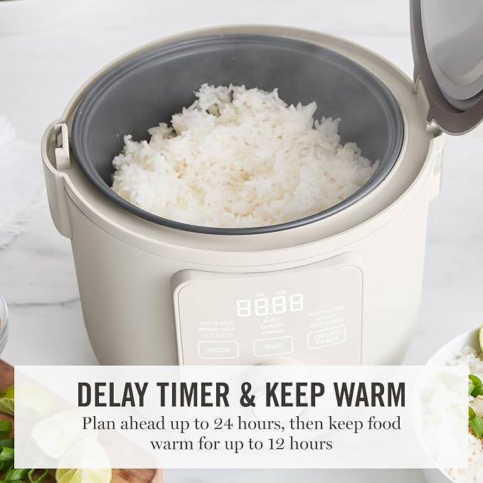 Martha Stewart Rice Cooker, 4 Cup (Uncooked) / 8 Cup (Cooked), Ceramic Non-Stick Removable Pot, Keep Warm, Measure Markings, Steam Basket, Brown & Sushi Rice, Quick Cook, Quinoa, Grains, Oats, Linen Cream