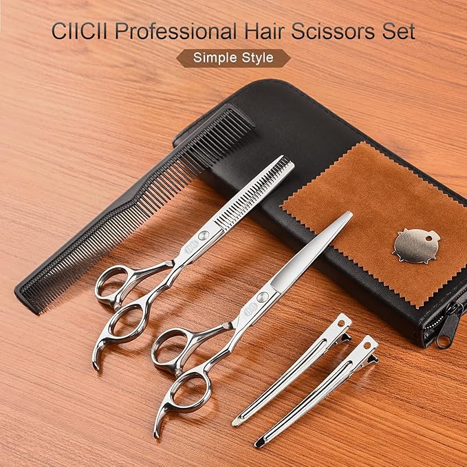 CIICII Hair Cutting Scissors Shears Kit, Professional Barber Haircut Scissors Set (6.7 Inch Hair Beard Hairdressing Trimming Haircutting Thinning Shears) for Men Women Hairdresser Home Salon (Silver)
