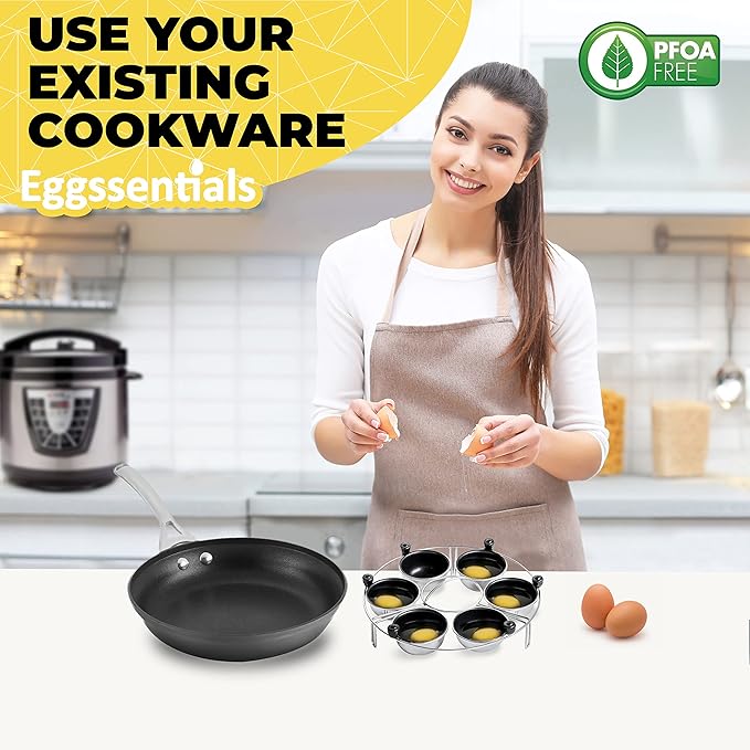 Eggssentials Egg Poacher Insert Stainless Steel Poached Egg Cooker Eggs Poaching Cup PFOA Free Egg Poachers Nonstick, 9 inches Rack, 6 Poached Cups