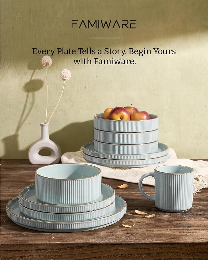 Famiware Star 24-Piece Stoneware Dinnerware Set for 8 – Blue, Ribbed Ceramic Plates and Bowls with Rim – Modern Rustic Dishes, Everyday & Formal – Chip & Scratch Resistant, Microwave & Dishwasher Safe
