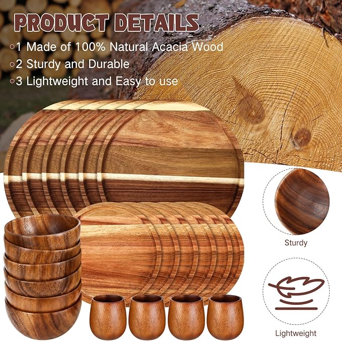 Maxdot 24 Pcs Acacia Wood Dinnerware Set, Round Wooden Plates, Solid Wooden Bowls and Tea Cups, Acacia Wood Tableware Supplies, Lightweight for Dishes Snack, Dessert, Set for 4