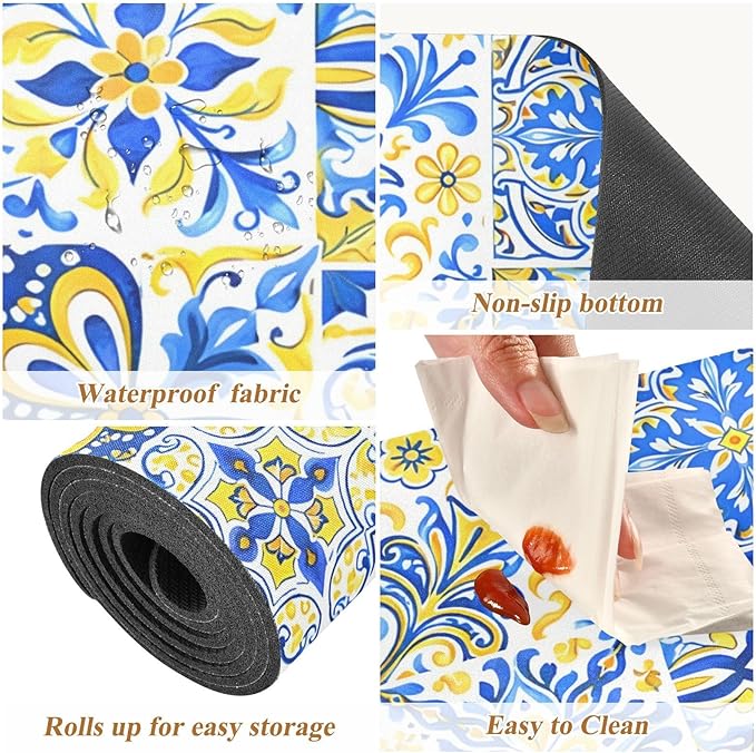 ALAZA Blue and Yellow Azulejos Tiles Trivet Table Runner 40 Inches Long Trivet for Hot Pots and Pans/Hot Dishes,Table Protector Heat Up to 230F, Decorative Hot Plates Mat for Kitchen Countertop