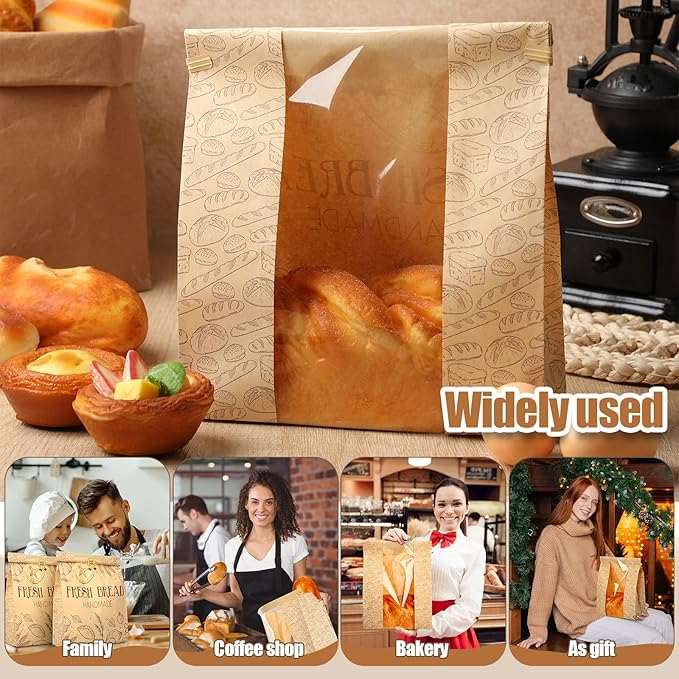 Feifeiya 250 Set Bread Paper Bags for Homemade Sourdough Kraft Bread Bags with Clear Window Seal Stickers 14'' x 8.3'' x 3.5'' Large Bakery Packaging for Storage Baked Goods Cookies