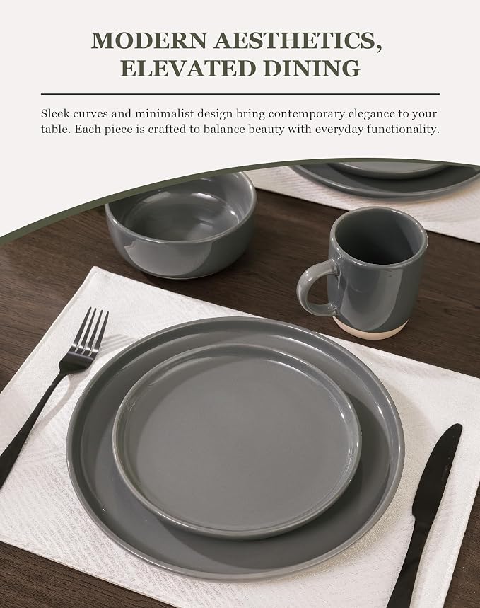 OTAGO 24-Piece Grey Stoneware Dinnerware Set for 6 with Mugs, Plates and Bowls Sets with Partially Unglazed Base, Scratch Resistant Ceramic Dish Set, Microwave & Dishwasher Safe for Kitchen