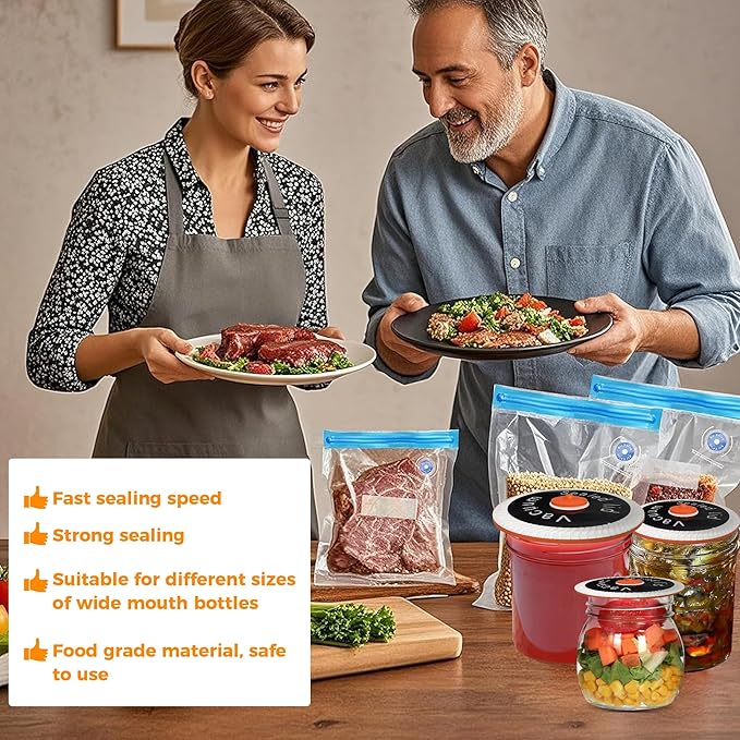 LAUDTEC 2-in-1 Handheld Vacuum Sealer for Food Storage Bags and Mason Jars (Vacuum Sealer + 10 Reusable Storage Bags + 4 Reusable Wide Mouth Jar Lids)