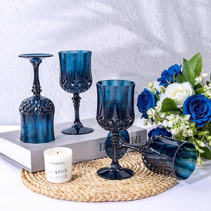 Ciaell 24PCS Blue Plastic Wine Glasses - 7 Oz Plastic Goblets for Party - Blue Vintage Drinking Glasses - Disposable Water Goblets Set for Wedding, Bar, Wine, Beer, Juice