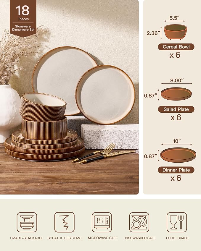 Stoneware Plates and Bowls Dishes Sets Service for 6 (18-Piece), Famiware Premium Handcrafted Reactive Glaze Dinnerware Set with Raised Rim, Scratch Resistant, Microwave Dishwasher Safe, Cream Cocoa