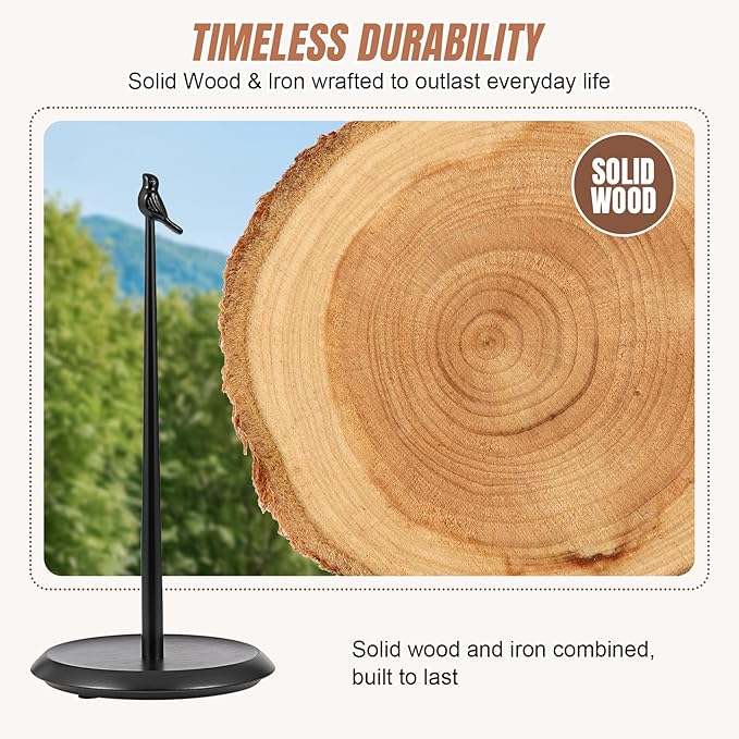 Wooden Paper Towel Holder countertop,Stylish Bird Shaped,Solid Wood Base&Iron Top,with Non-Slip Mat,Stable&Durable,Paper Towel Holder Black-Farmhouse Style to Elevate Your Kitchen's Décor(All Black)