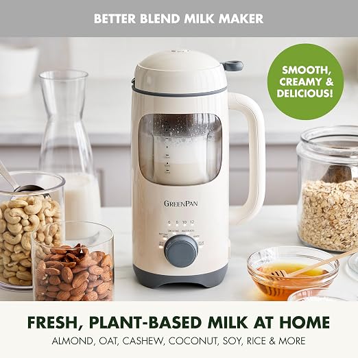 GreenPan 30oz Nut Milk Maker Machine, 15-in-1 for Homemade Almond, Oat, Soy, Coconut, Plant-Based Non-Dairy Beverages, Soups, BPA-Free Glass, Automatic Self-Clean, Delay Start, Cream