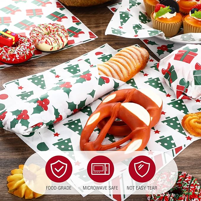 Reallnaive 600 Pcs Christmas Gift Wax Paper Sheets 12 x 12 Inch Parchment Deli Tissue Paper Sandwich Wrapping Sheets Food Basket Liners for Kitchen Restaurant Baking Supplies, 6 Styles