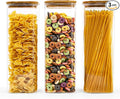 SHOWIN Glass Pasta Storage Jars Square 73oz, 3 Pack Glass Jars With Bamboo Lids, Tall Kitchen Storage Containers For Pasta, Storage For Pantry Organizers