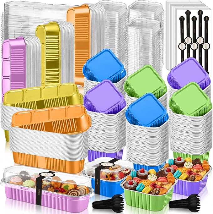 LemonRoad 240 Sets Mini Loaf Pan with Lids and Spoons 6.8oz Rectangular Aluminum Foil Bread Pan 5oz Square Cake Cup with Decal Disposable Baking Supply for Graduate Wedding Birthday (Candy Colors)