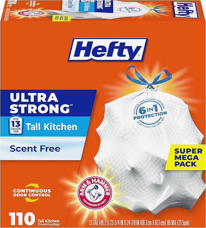 Hefty Ultra Strong 13 Gallon Trash Bags, Tall Kitchen Trash Bags 13 Gallon Size, Drawstring Closure, Continuous Odor Control, White, Unscented, 110 Bags