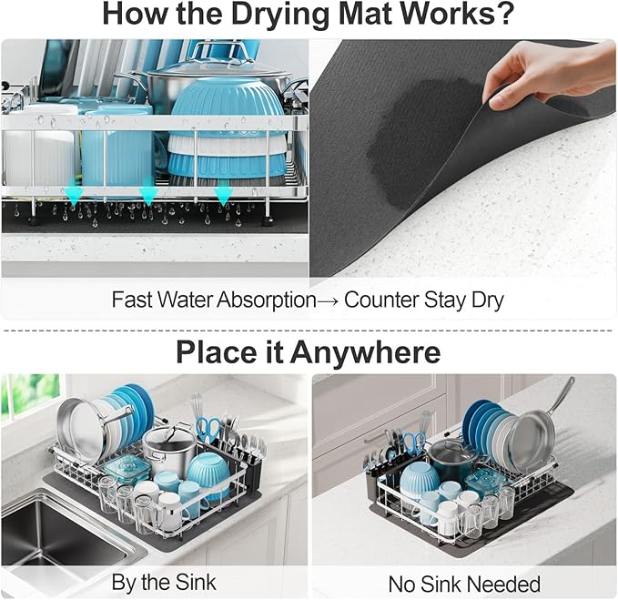 GSlife Large Capacity Expandable Dish Drying Rack with Absorbent Mat, 2-Piece Stainless Steel Dish Drainer Set for Counter with Removable Over Sink Rack, Family Size 15" W x 16.5"-21.5" L, Silver
