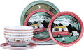 12-Piece Melamine Dinnerware Set,Unbreakable Camping Plates and Bowls Set of 4, Lightweight Outdoor Dishes with Camper Van & Tent Design for RV, Picnic, Backpacking, and Patio,Dishwasher Safe