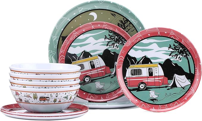 12-Piece Melamine Dinnerware Set,Unbreakable Camping Plates and Bowls Set of 4, Lightweight Outdoor Dishes with Camper Van & Tent Design for RV, Picnic, Backpacking, and Patio,Dishwasher Safe