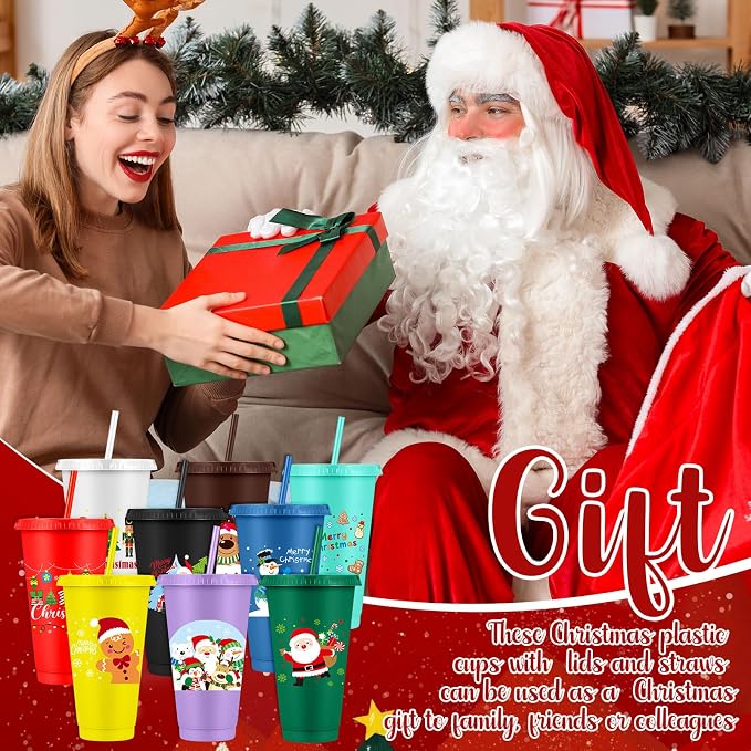 Feifeiya 72 Pcs/ 24 Set Bulk Gifts for Christmas 24 oz Christmas Tumbler with Lids and Straws Xmas Pens Notepads Set Reusable Plastic Cups for Holiday Classroom Gift Party Favor Employee