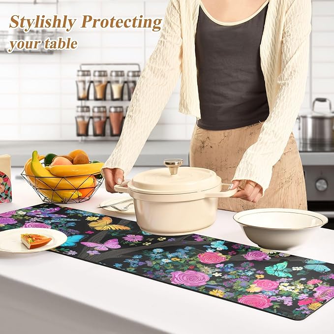 2-in-1 Table Runner Trivet for Hot Dishes Heat Resistant Hot Plate Mat Pad 39x12 Inch Waterproof Table Protector Trivets for Countertop Decorative Rose Flower Butterfly Tree Black