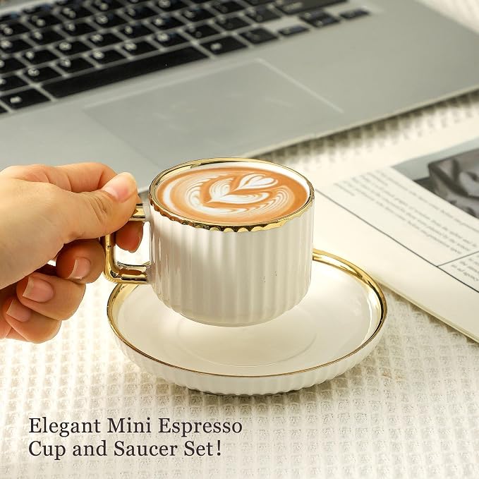 LETAOTAO Espresso Cups Set of 4, 3oz Espresso Cups and Saucers, Ceramic Coffee Cups with Gold Trim, Stackable Mini Demitasse Mugs for Espresso, Cappuccino,Latte, Americano and Tea