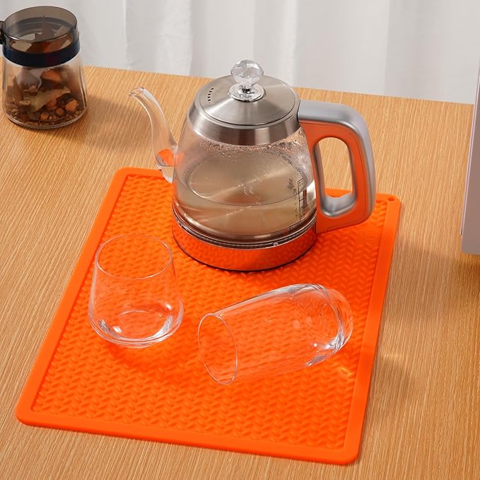 Silicone Drying Mat & Heat Resistant Mat for Kitchen Counter, Non-Slip Dishwasher Safe, Raised Edge for Dishes Bottles Sink (25.5x17.7in, Orange)