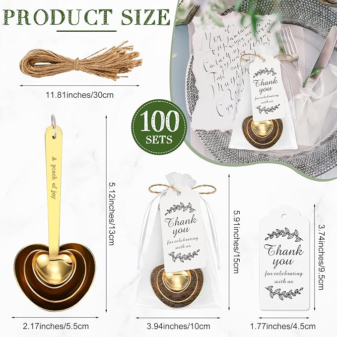 Umigy 100 Set Heart Shaped Measuring Spoon Tea Spoons Wedding Baby Shower Favors for Guests Set Heart Shape Drawstring Organza Bag Gift Tag Rope for Wedding Bridal Shower Souvenir (Gold)