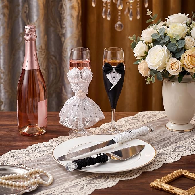 Boao Pearl Wedding Champagne Flutes and Cake Knife Server Set of 4, Champagne Flutes Toasting Glasses with Pearls for Bride and Groom Engagement Anniversary Bridal Shower Gifts (Stylish,Black White)