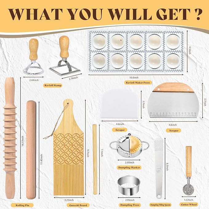 Pasta Making Tools,13PCS Wood Pasta Making Kit with Pasta Rolling Pin,Ravioli Mold,Ravioli Cutter,Gnocchi Board,Pasta Stamps,Dumpling Tools,Stick Dough Scraper Making Accessories