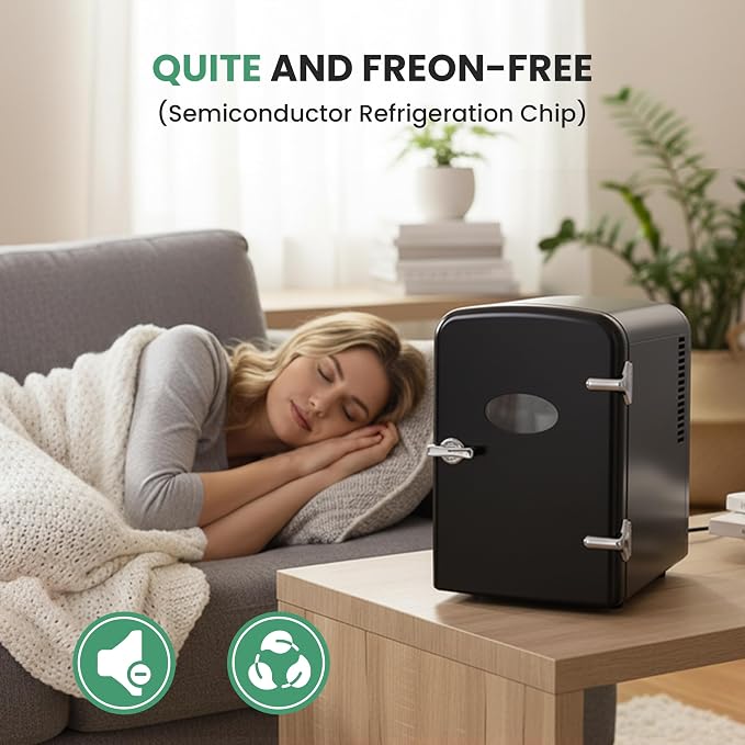 Simple Deluxe 6L/9 Can Mini Fridge with Observation Window, Portable Cooler & Warmer Freon-Free Small Refrigerator, Compact for Skincare, Beverage, Food, Cosmetics, Black