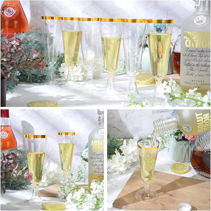 CHENGU 150 Pcs Champagne Flutes 5 Oz Plastic Disposable Champagne Flutes Crystal Wine Glasses Reusable Plastic Cocktail Cups for Wedding Celebration Toasting Drinking (Gold,Classic)