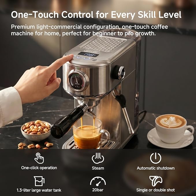 HIBREW H10B Programmable Espresso Machine with LED Display & Pressure Gauge | 20 Bar Compact Stainless Steel Coffee Maker with Milk Frother, 51mm Portafilter for Cappuccino Latte