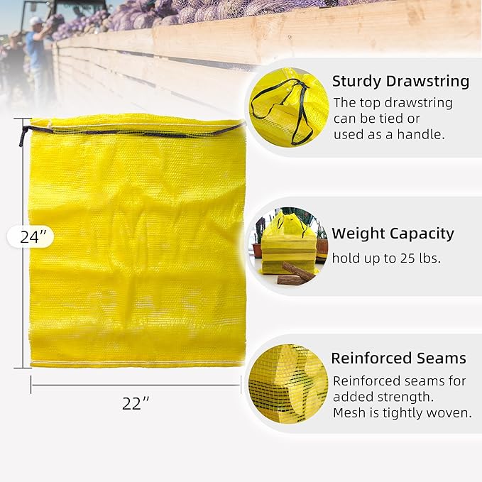 Mesh Firewood Bags 22"×24" 150 Per Pack Crawfish Sacks, Firewood Bags for Selling, Onion Bag Storage Potato Sacks Mesh Wood Bag Bulk, Yellow (Pack of 150)