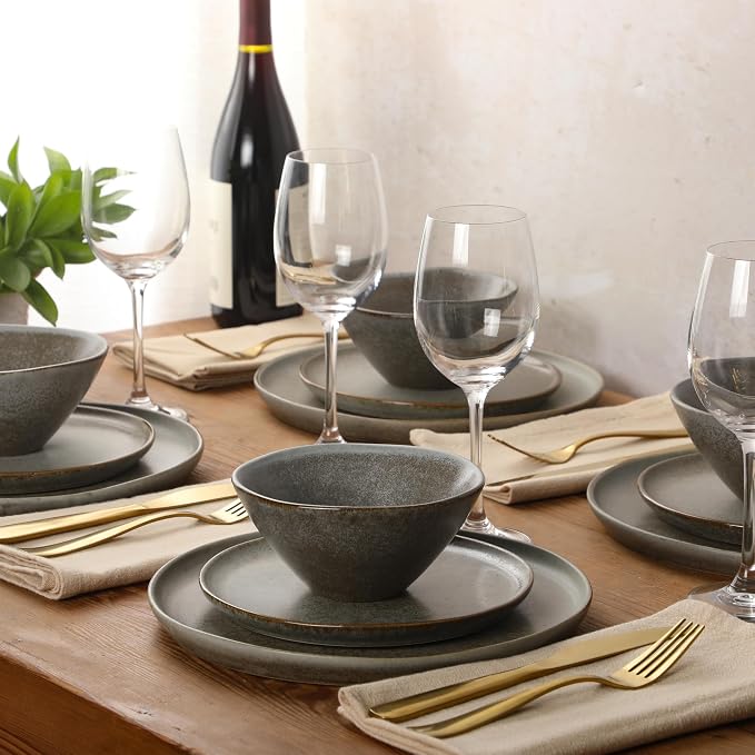 Gibson Elite Coastal Forest Plates and Bowls Sets, 12-Piece Stoneware Dinnerware Sets, Triple Reactive Glaze Dish Set - Slate Grey