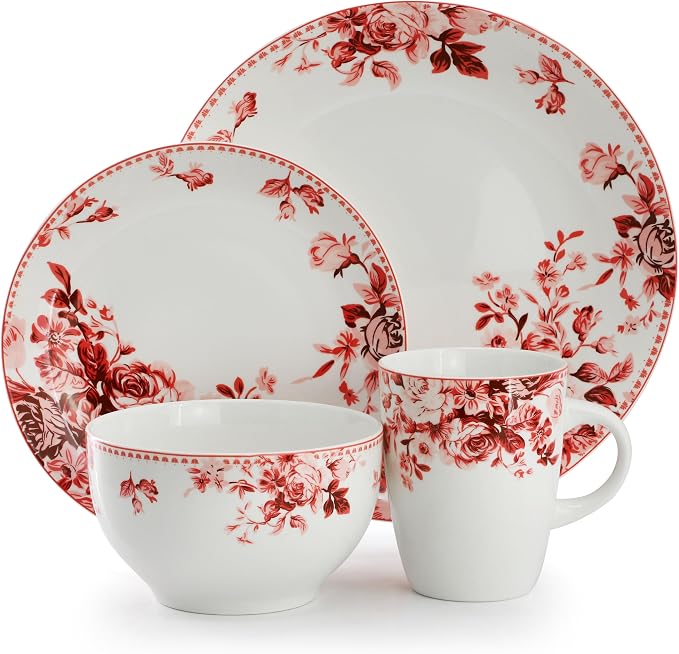Elama Traditional Rose 16 Piece Porcelain Dinnerwar/Tableware Set, Service for 4 (Red)