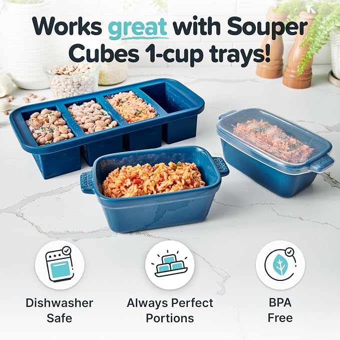 Souper Cubes Ceramic Baking Dishes - 5" x 3" Individual Baking Dishes for Oven with Silicone Lids, Oven, Microwave and Air Fryer Safe, Perfect for Reheating Single Serve Meals, Set of 4 - Blueberry