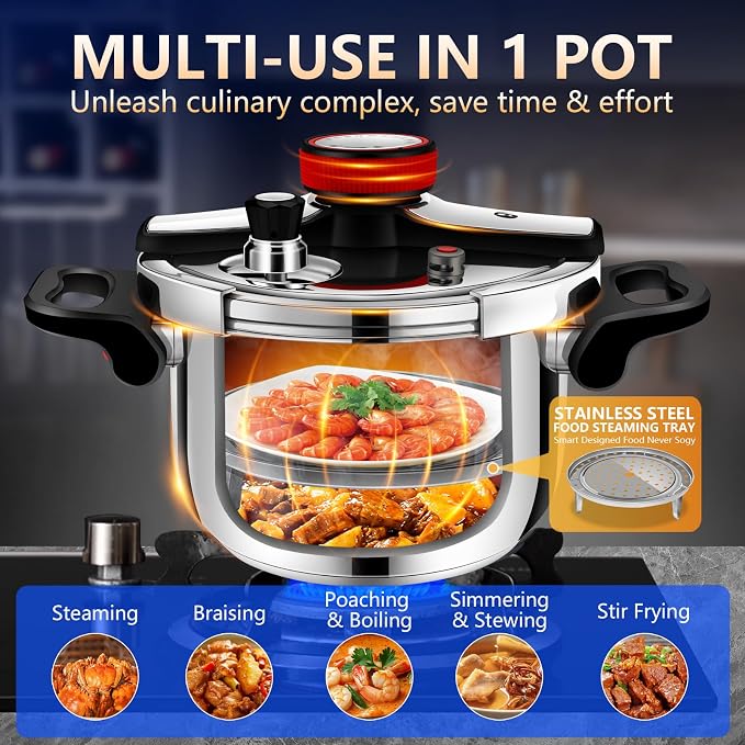 Stainless Steel Pressure Cooker 6 quart Commercial Stove Top Pressure Cooker for canning, pressure cooker 6+ quart, Compatible with Gas & Induction, Fast Cooking for large Meals, Dishwasher Safe,