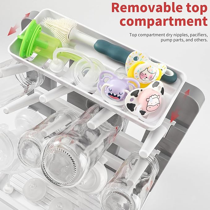 Baby Bottle Drying Rack, Vertical Standing Bottle Drying Rack Holder-Space Saving Baby Bottle Organizer for Countertop-Holds Up to 12 Baby Bottles & Pump Parts (White & Dark Gray)