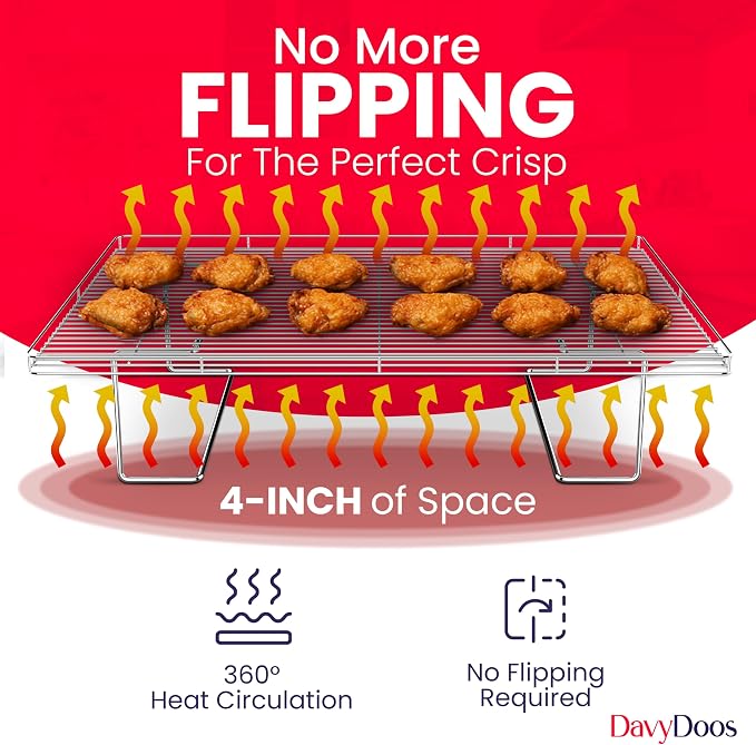 Flip-Free Crispmaster 1st Ever 4-Inch Elevated Roasting, Baking, and BBQ Rack for 360° Heat Stainless Steel Wings, Fries, Chicken, Veggies, Turkey for Oven, Grill, or Smoker 17” x 13”