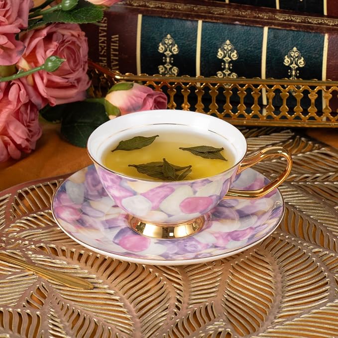 KAMMAK Tea Cups and Saucers Set of 2, Porcelain Coffee Cups, Stackable Espresso Mugs, Ceramic Demitasse for Coffee, Cappuccino, Latte, Americano, Tea, Pebble