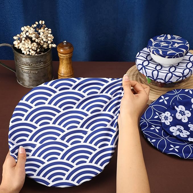 Patelai 10 Pcs Bowl Covers Reusable in 5 Size Stretch Cloth Fabric Elastic Food Storage Bowl Covers Bread Sourdough Lids for Proofing Food Fruits Leftover(Blue White,Stylish Style)