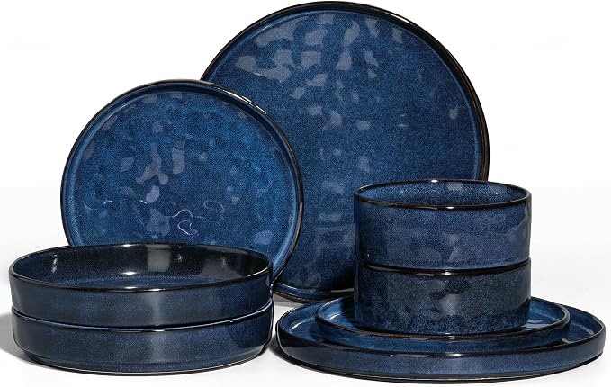 E-far 8-Piece Plates and Bowls Sets with Pasta Bowls - Stoneware Dinnerware Set for 2, Modern Ribbed Dishes, Microwave & Dishwasher Safe, Starry Blue