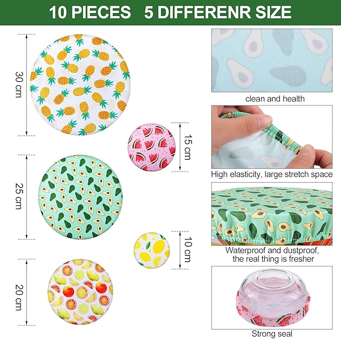 Patelai 10 Pcs Bowl Covers Reusable in 5 Size Stretch Cloth Fabric Elastic Food Storage Bowl Covers Bread Sourdough Lids for Proofing Food Fruits Leftover (Bright,Summer Style)