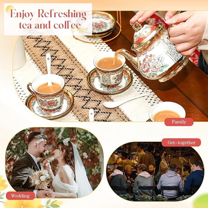 20 Pcs Porcelain Tea Set for Adults with Metal Holder and Spoon European Ceramic Tea Party Set Flower Painting Teapot Cup Saucer for Women Gift, Serving 6 People(Classic)