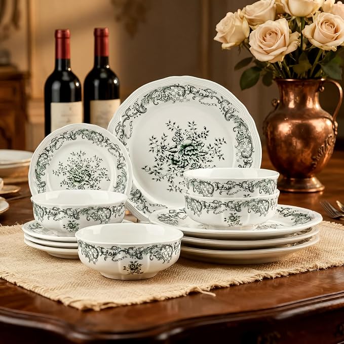 Ceramic Dinnerware Set 12-Piece Scalloped Edge Dish Set for 4 Vintage Floral Elegant Kitchen Dinner Plates Bowls for Daily Use & Party Microwave & Dishwasher Safe